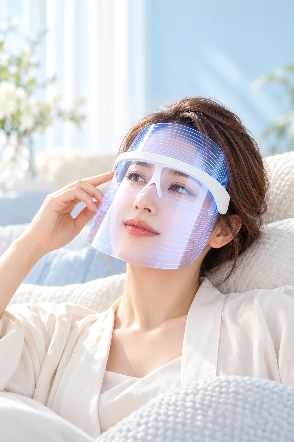 Woman relaxing with GlowMask Pro LED mask